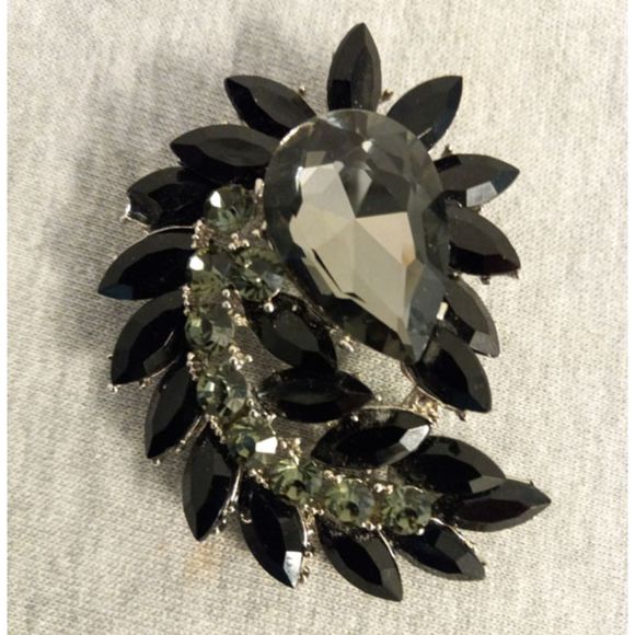 3" Marquise Shape Rhinestone Black Stone Costume Brooch Pin Jewelry Silver Tone - Picture 2 of 5
